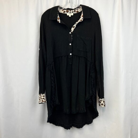 Umgee Womens Black High Low Hem Long Sleeve Tunic Blouse Top Frayed Size Small - Picture 1 of 8